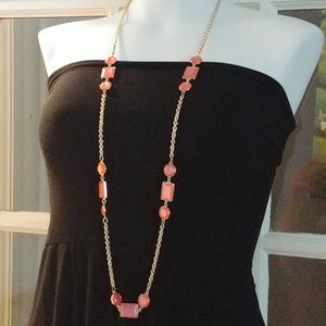 Coral Pink and Gold Tone Long Statement Necklace